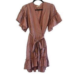 Max Studio Cottage Core Short Sleeve Gingham Red Cream Wrap Dress M ruffle NWOT